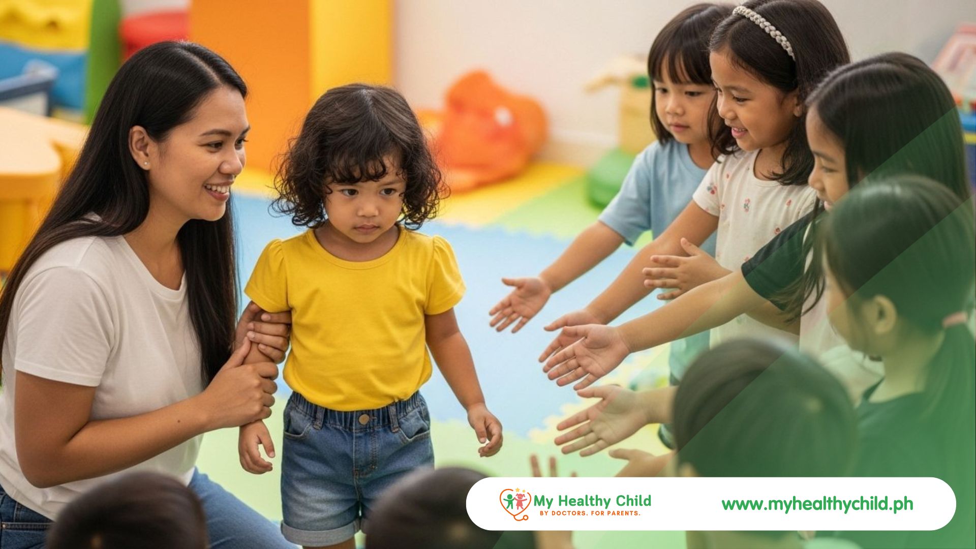 mom helping shy child make friends