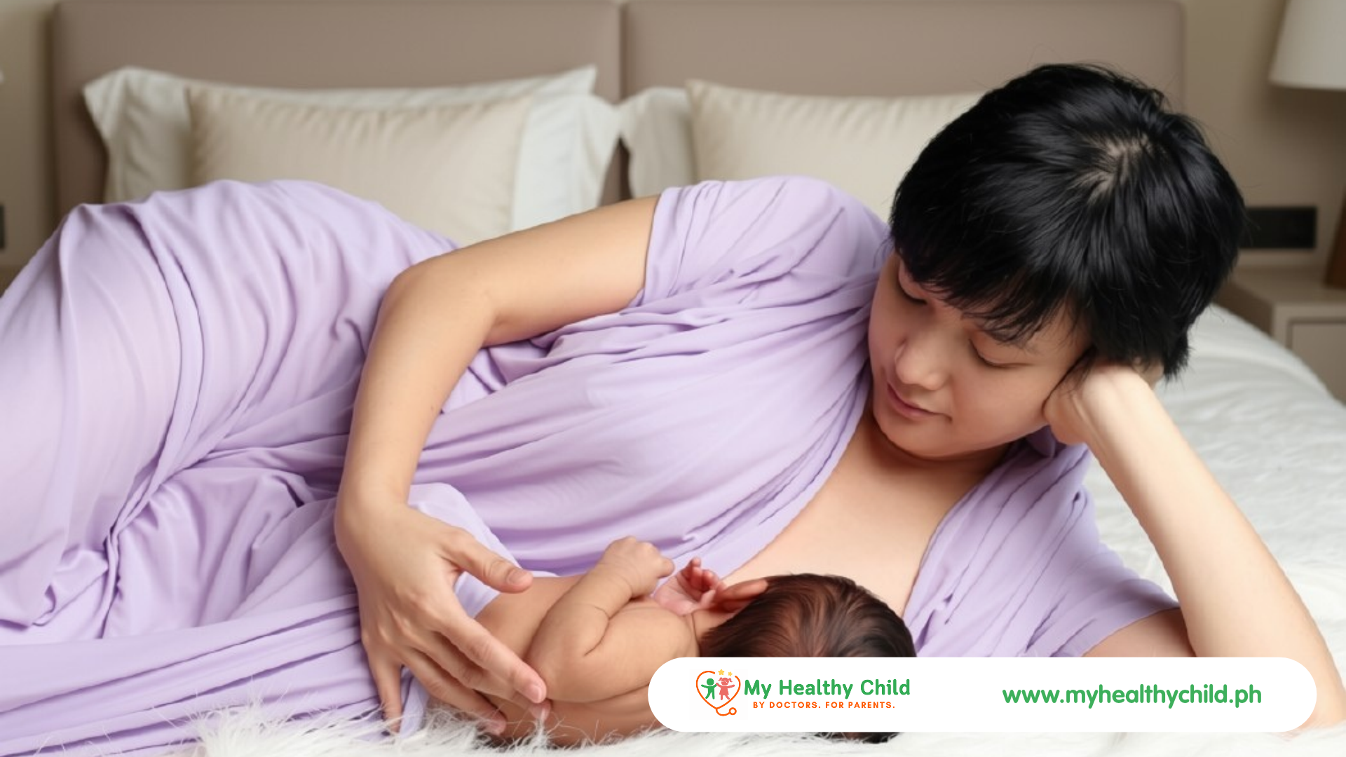 Mother breastfeeding her baby while lying comfortably on a bed, illustrating breastfeeding support for mothers returning to work.